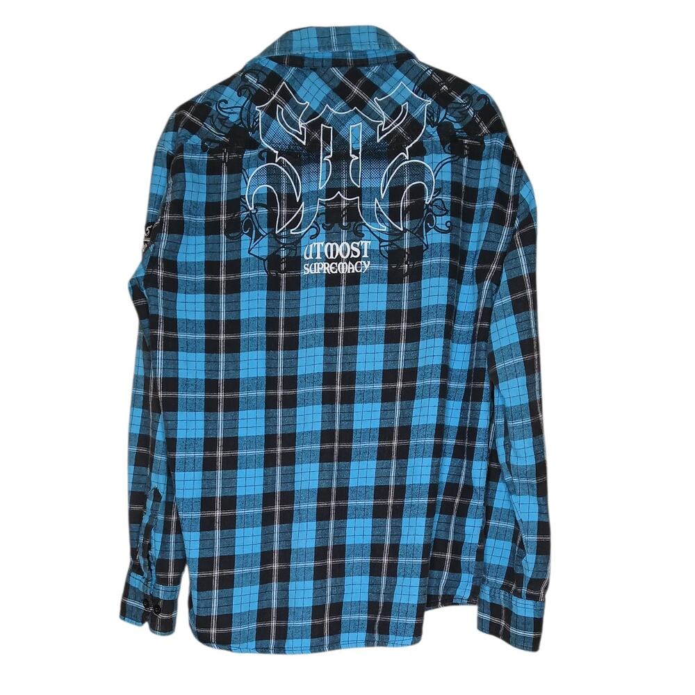 South Pole Mens XXL Blue Black Plaid Shirt Front Snap Long Sleeve Graphic Button - Picture 2 of 11